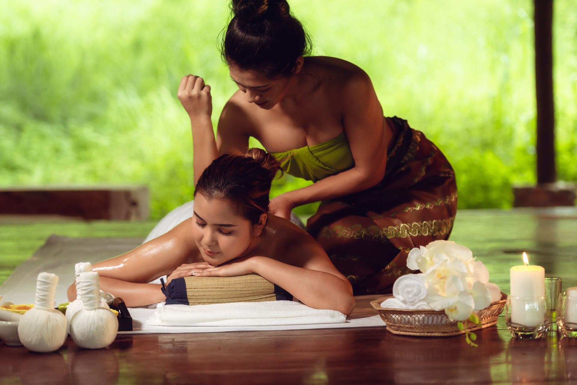 Portrait of Asian woman is relaxing in spa massage, Thai massage